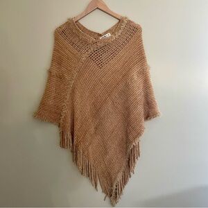 Tan Knit Poncho Fringe Sweater
